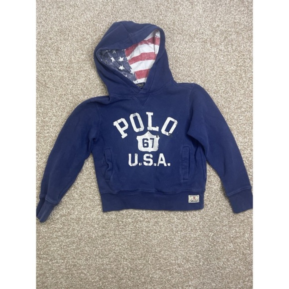 Ralph LAUREN POLO USA FLAG FLEECE TERRY HOODIE‎ Sweat Shirt Top~Kids size S (8)
